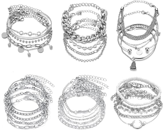 Silver Boho Bracelet Set for Women, 27 pcs Womens Silver Chain Bracelet Sets Tennis Bracelet for Women Girls