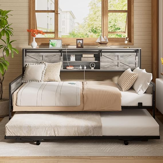 Homieasy Farmhouse Twin Daybed with Pop-Up Trundle, Light Oak