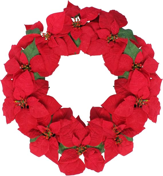 24" Red Artificial Poinsettia Flower Christmas Wreath - Unlit