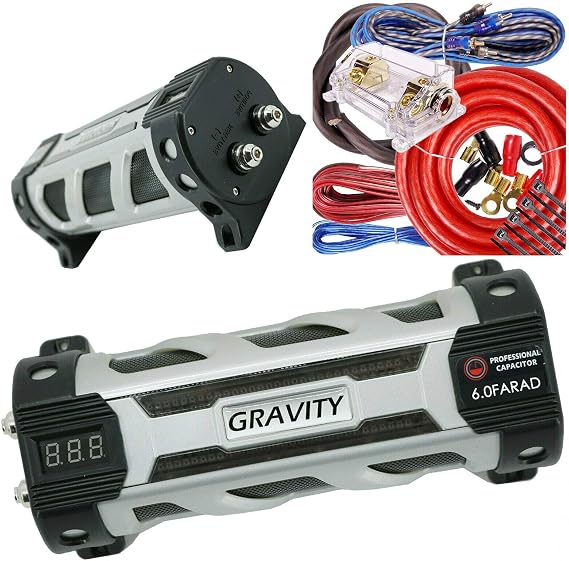 Gravity GR6.0 Car Audio Battery Stiffening Portable Power 6 Farad Capacitor and Completed 5000 Watts 0 Gauge Red Amplifier Installation Wiring Kit BGC0XLR