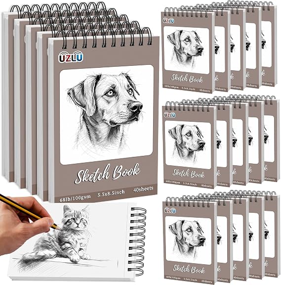 UZLU 20 Pcs Sketch Books Bulk 5.5 x 8.5 in 800 Sheets Top Spiral Bound Sketch Pad Drawing Paper 40 Sheets Each Acid Free Mixed Media Sketchbook 68lb/100gsm Art Supplies for Beginner Artist