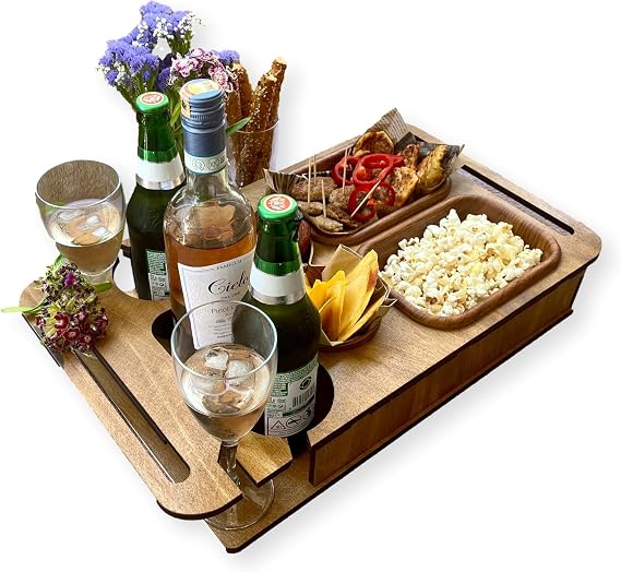 Premium Sofa Tray Table | Divided Wooden Serving Organizer with Glass & Bottle Holders | Versatile Couch Companion Sofa Organizer & Divided Snack Serving Platter (Brown)
