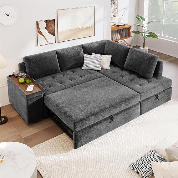 LUMISOL 91.5" Convertible Sleeper Sofa Bed, Pull Out Bed Sectional Sofa with Storage Chaise & Armrest, Modern L-Shaped Sofa Couch with Flip Wood Top for Living Room, Small Apartment, Dark Gray