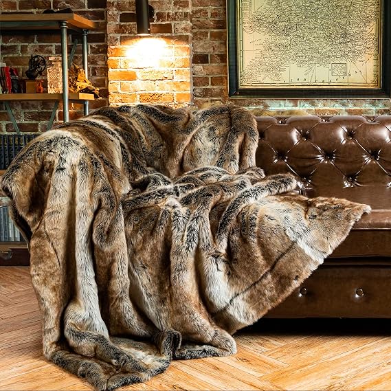 BATTILO Luxury Brown Faux Fur Throw Blanket for Couch,50"x60", Shaggy