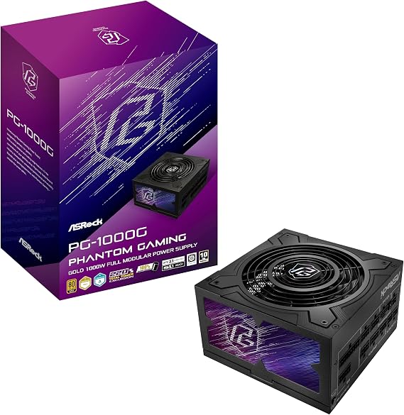 ASRock Phantom Gaming PG-1000G 1000W Power Supply Individual Braided Pattern Enthusiast Gamers Fully Modular Japanese Capacitor 80 Plus Gold Cybenetics ATX3.1 PCIe5.1 12V-2x6 Cable