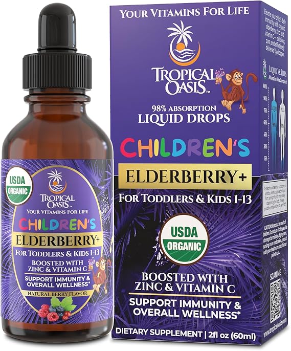 Tropical Oasis USDA Organic Liquid Vitamin Drops with Elderberry, Vitamin C and Zinc for Toddlers & Kids | Sugar Free | Vegan | Non-GMO | 2 Fl Oz