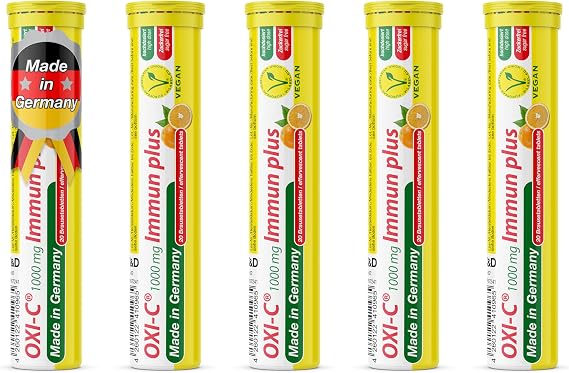 Vitamin C 1000 mg - 5 x 20 effervescent Tablets - Orange Flavour - Vegan - T&D Pharma Oxi-C Immun Plus - Made in Germany