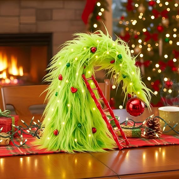 Syhood 1.5 ft Tabletop Bendable Mini Christmas Tree with Lights Lime Green | Whimsical Bent Top Design, Tabletop Xmas Tree with Balls Centerpiece Decor, Party Ornaments, Portable Storage Bag