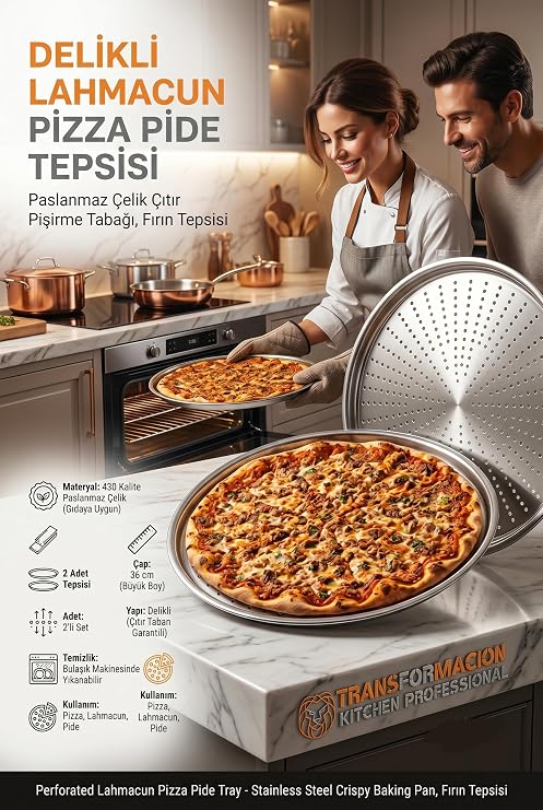 Transformacion 2'li Battal Boy Delikli Pizza Tepsisi, 36 cm Paslanmaz Çelik Lahmacun Pide Fırın Tabağı, Aile Boyu Çıtır Pişirme Seti 721315