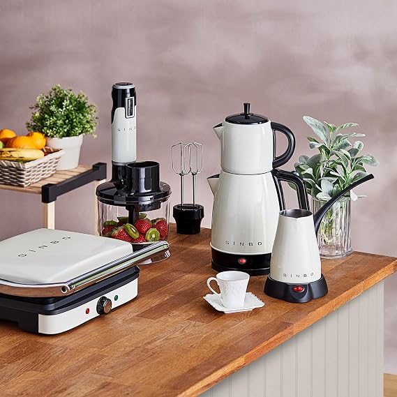 Sinbo 4’lü Krem Elektrikli Çeyiz Seti – Su Isıtıcı, Tost Makinesi, Blender ve Türk Kahve Makinesi, Modern Mutfak Seti