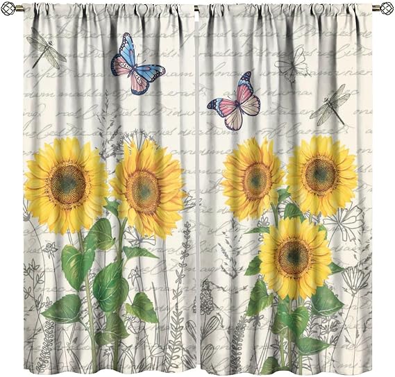 Butterflies Flowers Sunflower Blackout Window Curtains, Rustic Retro Farmhouse Plant Window Drapes, for Living Room Bedroom 42(W)*84(L) 2 Panels