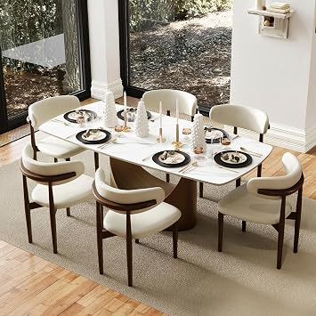 POVISON 71" Hobart Modern Dining Table for 6-8, Matte White Dining Table Sintered Stone Dining Tabletop with Bronze Carbon Steel Pedestal for Dining Room (Table Only)
