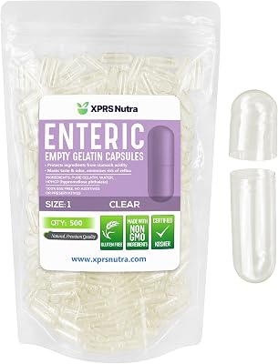 XPRS Nutra Size 1 Empty Capsules - 500 Count Clear Enteric Coated Empty Gelatin Capsules - Delayed Release Pills - DIY Capsule Filling - Pure Bovine Empty Enteric Gel Caps