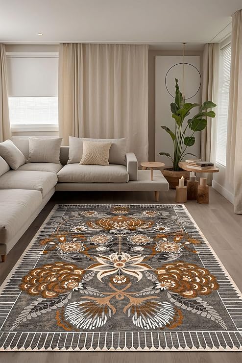 Moza Çiçekli Şönil Kaymaz Doğal Pamuk Tabanlı Yıkanabilir Antibakteriyel Çevre Dostu Salon Halısı 200x300
