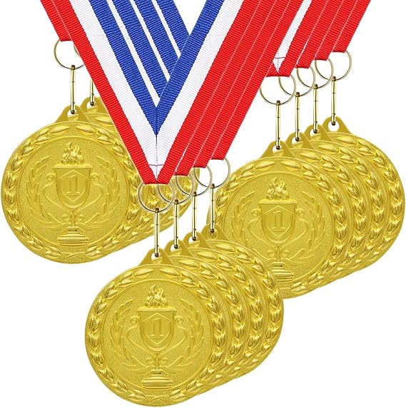 Donrime Medals for Children, 12-Pack Gold Metal Medal Olympic Decoration Sports Day Medals with Ribbon Necklace for Sports Day Prizes, Gymnastics Competitions, Party Gifts, Kids Adults