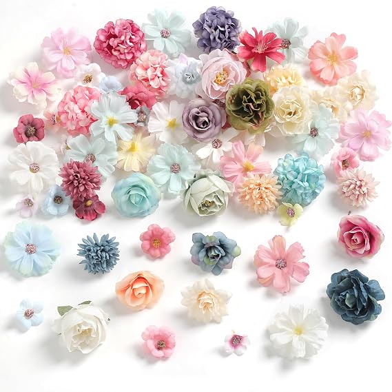 rongflower Faux Flower Heads Mini Charming Color Artificial Flower Heads Fake Peony Daisy Rose Flowers Multicolor Small Silk Daisy Flower Heads for Craft Garland Wedding Party DIY Home Decoration