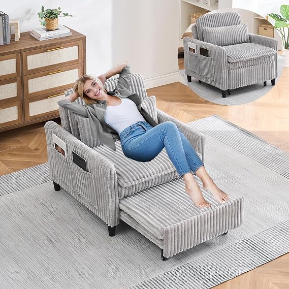 Convertible Sofa Bed, 3 in 1 Corduroy Fabric Pull Out Sleeper Loveseat Sofa Couch Beds with Movable Side Table & USB Charging Ports for Living Room Bedroom Guest Room Office (Gray 1 Seat)