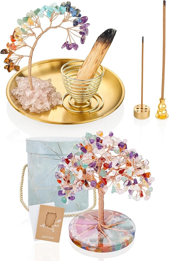 ZenBless 7 Chakra Healing Crystals Stones Tree, Colorful Crystal Stone Leaf Wire Wrapped on Natural Agate Slice Base,