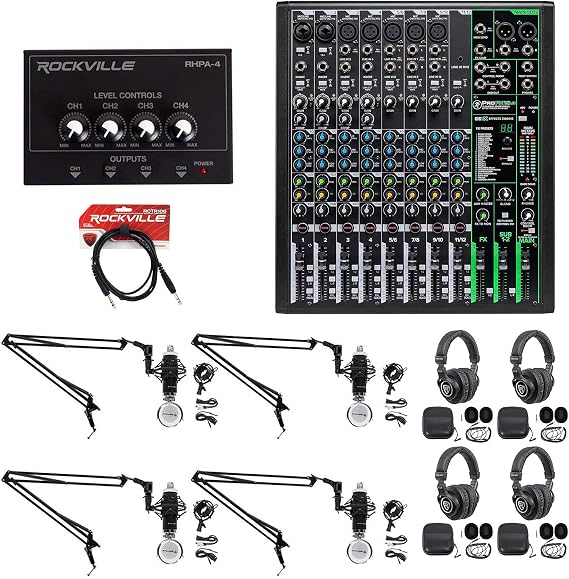 Mackie ProFX12v3 Effects Mixer Bundle with Rockville RCM03 Pro Recording Mic, PRO-M50 Studio Headphones, DMS40 40" Mic Boom Arm, RCTR106B TRS to TRS Cable and RHPA4 Headphone Amplifier Stereo