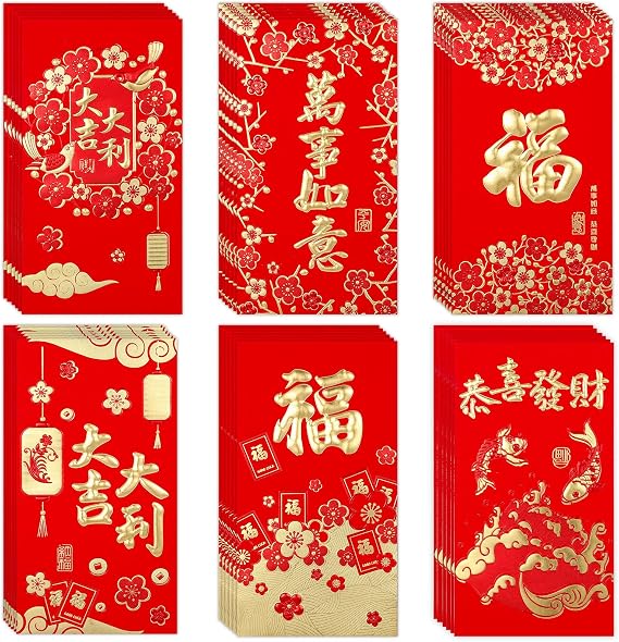 36pcs Chinese New Year Red Envelopes, 6 Style Gold Foil Fu Hot Stamping Hong Bao Paper Red Pocket Chinese Lucky Money Packet for Chinese New Year Festivel Occasions(Style 1)