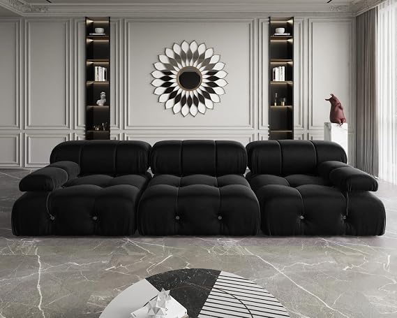 JACH Black Modular Sectional Sofa, 104" Minimalist Mid-Century Velvet Sofas, Comfy Deep Seat Convertible Sofa, Sectional Couch for Living Room, Apartment