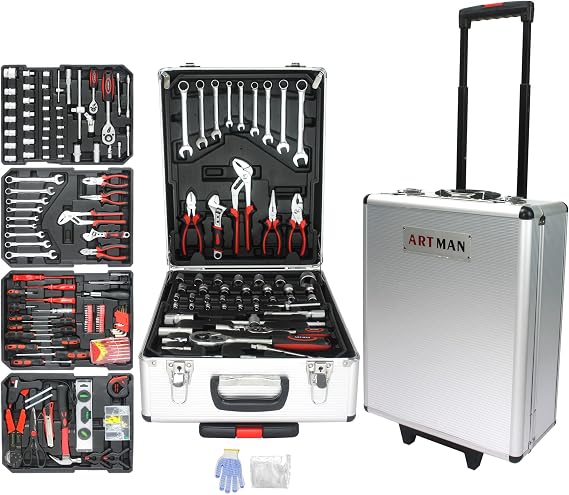 899PCS Tool Set Basic Tool Kit, Aluminum Trolley Case Complete Tool Box Set, General Household Hand Tool Set Portable Tool Box with Wheels, Home Repair Tool Kit Basic Tool Set, White