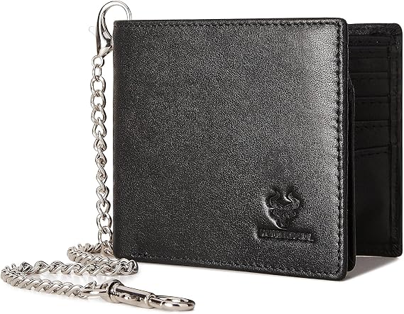 Chain Wallets Genuine Leather Purse RFID Blocking Bifold(Black