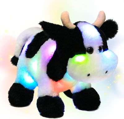 Hopearl LED Plush Cow Lighting Up Stuffed Animal Diary Cattle Floppy Night Lights Glow in The Dark Birthday Festival for Kids Toddler Girls, 12