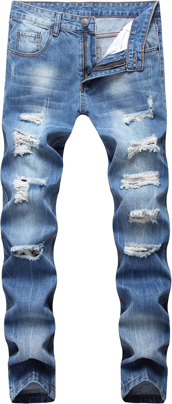 DANT BULUN Men's Ripped Distressed Destroyed Slim Fit Straight Leg Denim Jeans