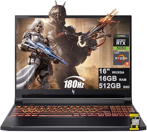 acer Nitro V 16 AI Gaming Laptop 16" WUXGA IPS 180Hz AMD 6-Core Ryzen 5 240 16GB DDR5 512GB SSD GeForce RTX 5050 Up to 421 AI Top Backlit Wi-Fi 6E Type-C Win11 ICP Hub