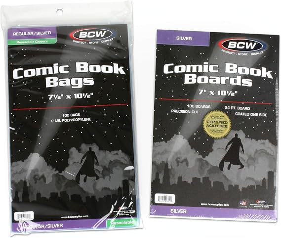 BCW Silver Age Resealable Comic Bags and Boards Combo (100 Ct) | 100 Backing Boards + 100 Resealable Comic Bags | Archival Protection for Silver Age Comics