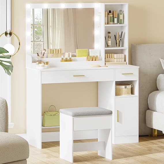 HEXCELEN Dressing Table with Stool, Vanity Desk with Large LED Mirror, 11 LED Lights with Adjustable Brightness, Makeup Desk, 2 Drawers, 4 Compartments and 1 Cabinet, 40 x 108 x 141 cm White