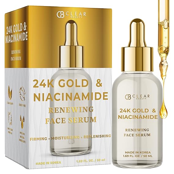 Clear Beauty 24K Gold & Niacinamide Serum For Face - Anti Aging, Firming, Hydration, Tone & Radiance Care - Dermatologist Tested, Korean Skin Care, Vegan Clean Beauty - 1.69 Fl Oz
