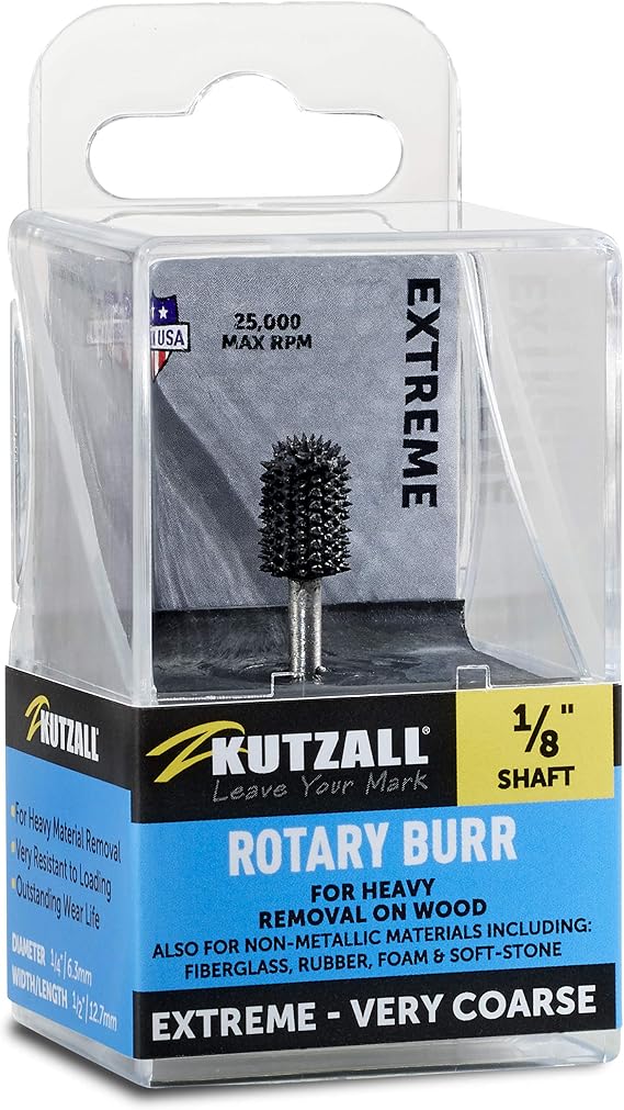 Kutzall Extreme Ball Nose Burr, 18" Shaft, Very Coarse - Wood Carving Bit for Dremel, Foredom, DeWalt, Milwaukee. Abrasive Tungsten Carbide, 14" (6.3mm) Dia. X 12" (12.7mm) Length, BNX-14-EC