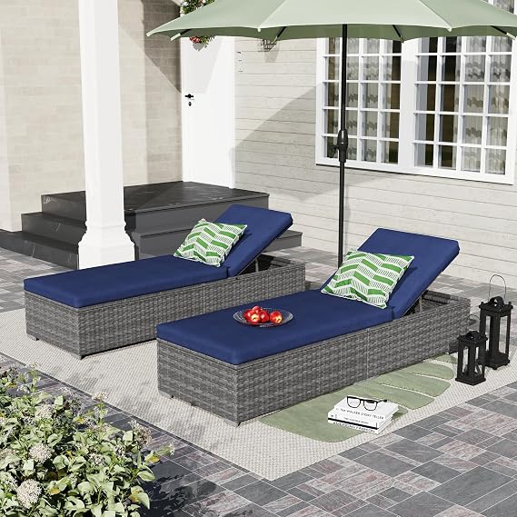Patiorama Outdoor Patio Chaise Lounge Chair Set of 2, Grey Wicker, Navy Blue