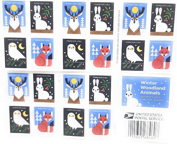 United States Postal Service Winter Woodland Animals (Booklet of 20) Forever Postage Stamps (a Deer, Fox, Rabbit, and Owl) 2023 Scott #5822-5825