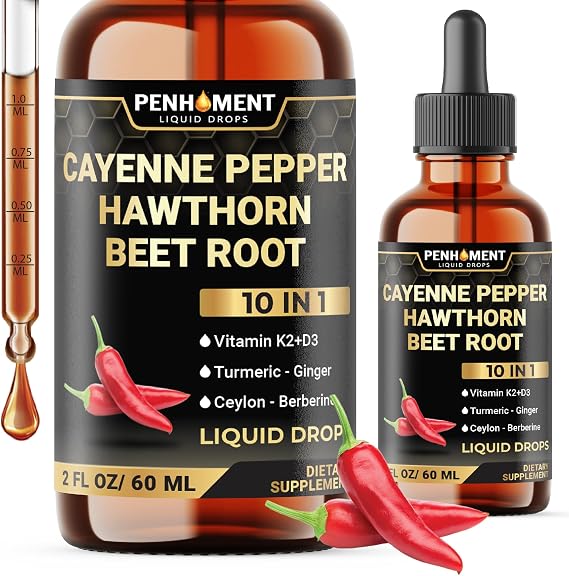 10in1 Cayenne Pepper Liquid Drops + Hawthorn Berry, Beet Root, Turmeric, Ginger and More - 2 Fl Oz - 2 Months Supply
