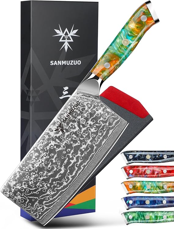 Chinese Chef Knife - 7" Cleaver Knife- Xuan Series - VG10 Damascus Steel Kitchen Knife - Resin Handle (Fantasy Orange)