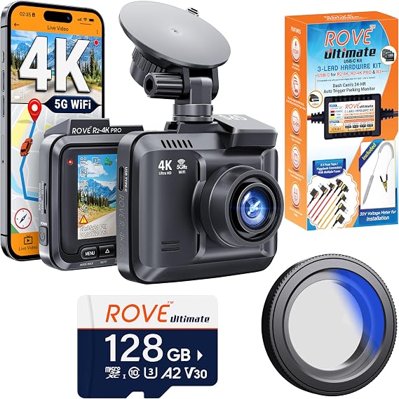 ROVE R2-4K PRO Dash Cam with Hardwire Kit, 128GB Card and CPL Filter | Includes Hardwire Kit, 128GB Card and CPL Filter, 4K UHD 2160P 30fps, WDR, Super Night Vision, Built-in GPS and 5.8GHz WiFi