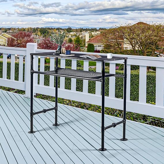 Diwhy Bar Table Height 40.2 Two-Layer Table with Black Pipe Frame Rectangular Pub Table for Indoor & Outdoor Use, Marbling Pattern Iron Table top,