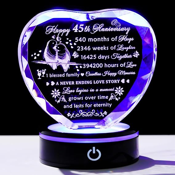 YWHL 45th Wedding Anniversary Crystal Heart Gifts for Couple Parents