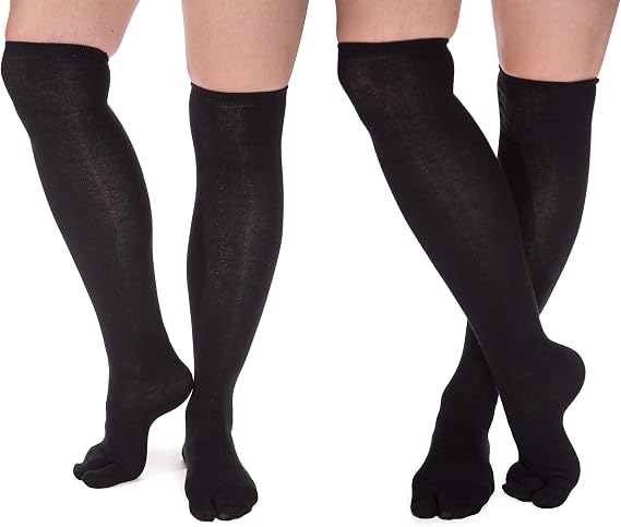 V-TOE SOCKS Black Cotton Casual Split Toe Over The Knee Flip Flop Tabi Socks Fits Shoe Size: Women Size 6-10.5