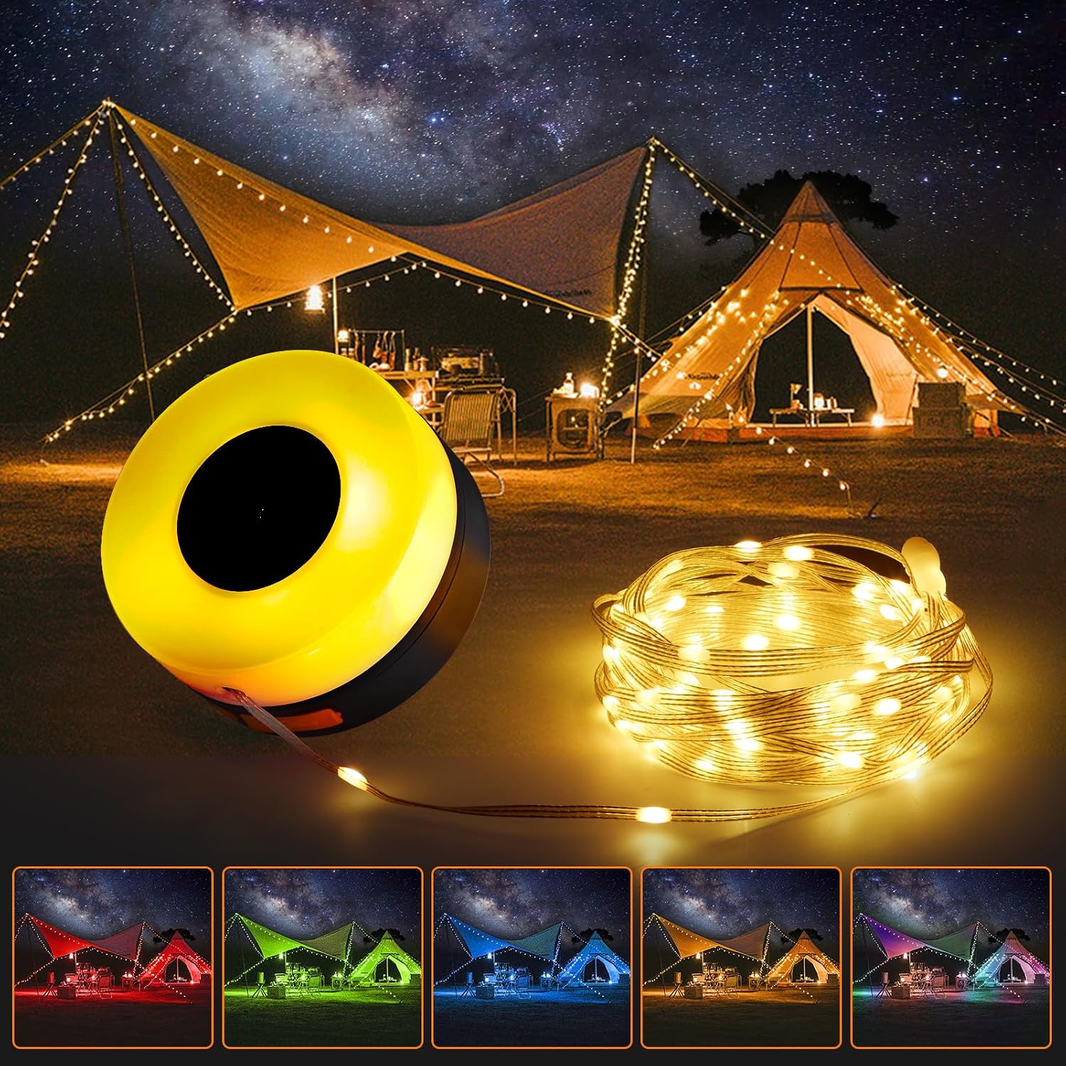 Camping Lights String, Camp Lamp Rechargeable String Lights with 8 Lighting Modes, 30s Roll Up, 3600mAh Battery Operated String Lights Camping for Tent Indoor Outdoor Decorating32.8Ft