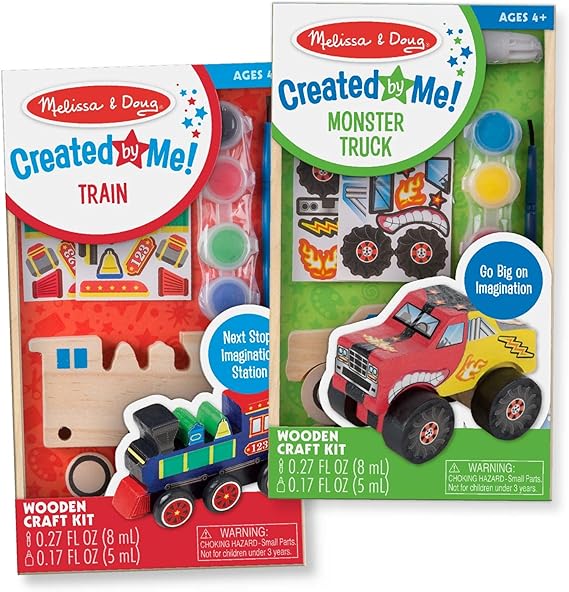 Melissa & Doug Created by Me! Paint & Decorate Your Own Wooden Vehicles Craft Kit For Kids 2 Pack Monster Truck, Train
