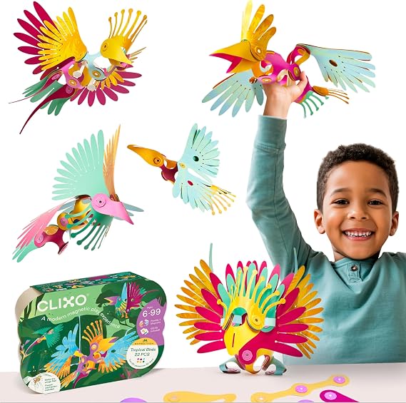 Clixo Tropical Birds, Wing-Flapping STEM Magnetic Building Toys (40 Pc, 6+)