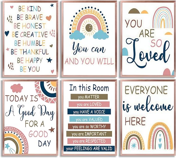 6pcs Pink Boho Rainbow Canvas Wall Art Girls Motivational Self-Affirmation Posters Prints Kids Room Rainbow Classroom Wall Decor Pictures for Classroom Nursery Living Room And Bedroom Home Decoration