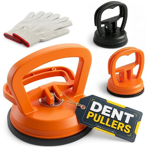 Suction Cup Dent Puller Kit 3 Pcs (One Large 4.6in and Two Small 2.2in) Dent Puller Suction Cup for Car with Gloves Comfortable Grip, Pulling Power up to 172 lbs | Works with Glass and Ceramics