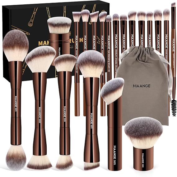 MAANGE 20PCS Makeup Brush Set,Double-ended Kabuki Contour Brush for Liquid Powder Concealer Blending Blush Face Makeup Tools(Coffee)