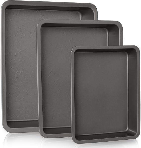 HONGBAKE Deep Baking Pans Set for Oven, Nonstick Rectangle Sheet Cake Baking Pans, 13/11/9 Inch Rectangular Oven Tray for Cooking Brownie Lasagna, Stackable Multi-Depth Bakeware, Black
