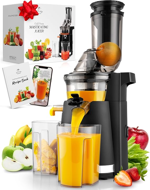 Zulay Kitchen Cold Press Juicer High Juice Yield Slow Masticating Juicer with Extra-Wide 80mm Feed Chute, Quiet 250W Motor, Easy Clean, BPA-Free (Black)